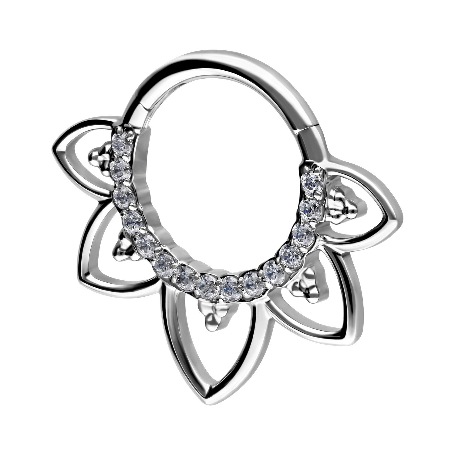 Clicker de Septum en Cristal Flower Lines Argenté Clicker de septum argenté avec motif floral et décoration en cristal sur fond blanc