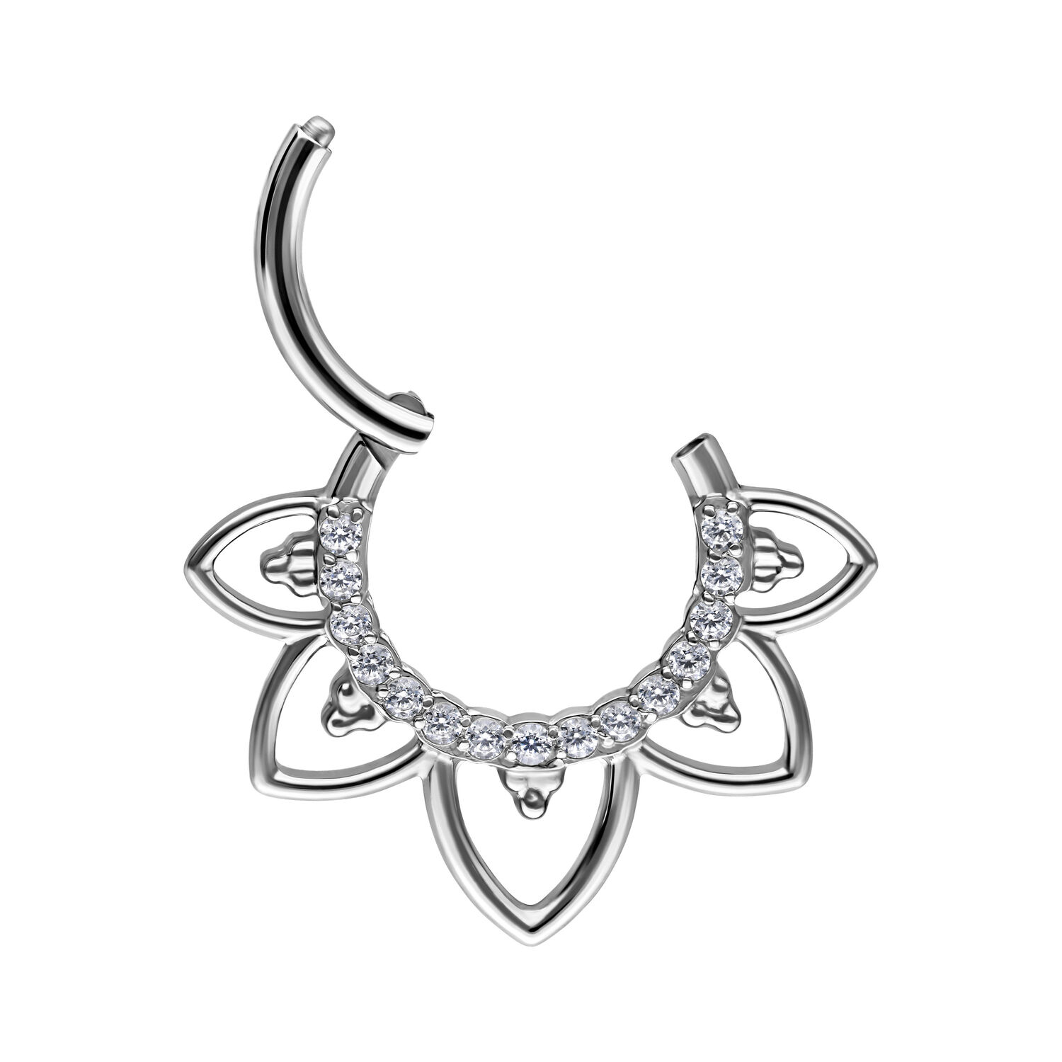 Clicker de Septum Cristal Fleur en Argent Clicker de septum argenté avec design en forme de fleur et cristaux, sur fond blanc