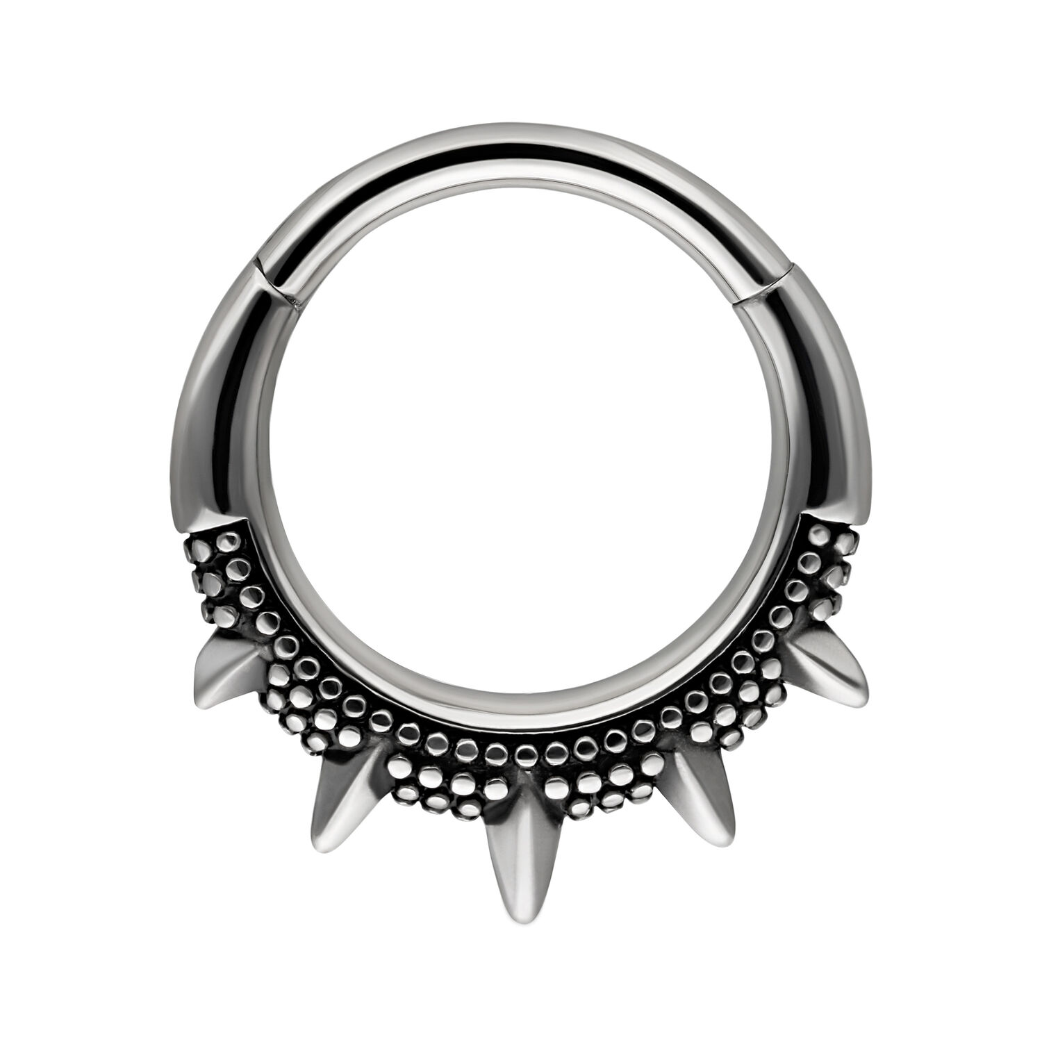 Clicker Oriental à Pointes en Noir et Argent Anneau piercing oriental avec clous et pointes, noir-argent, sur fond blanc