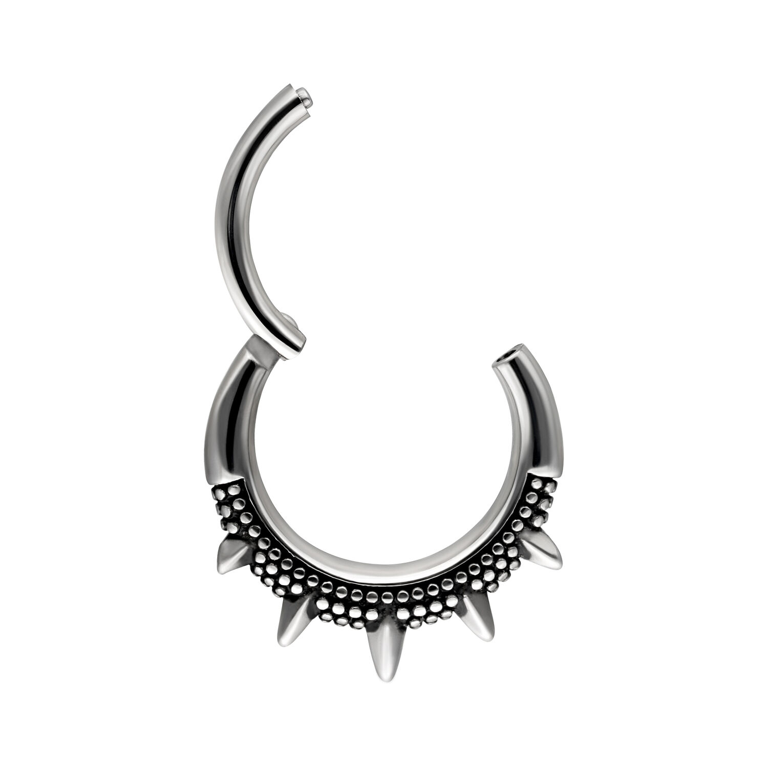 Clicker Oriental à Pointes en Argent Anneau de piercing argenté avec pointes sur fond blanc