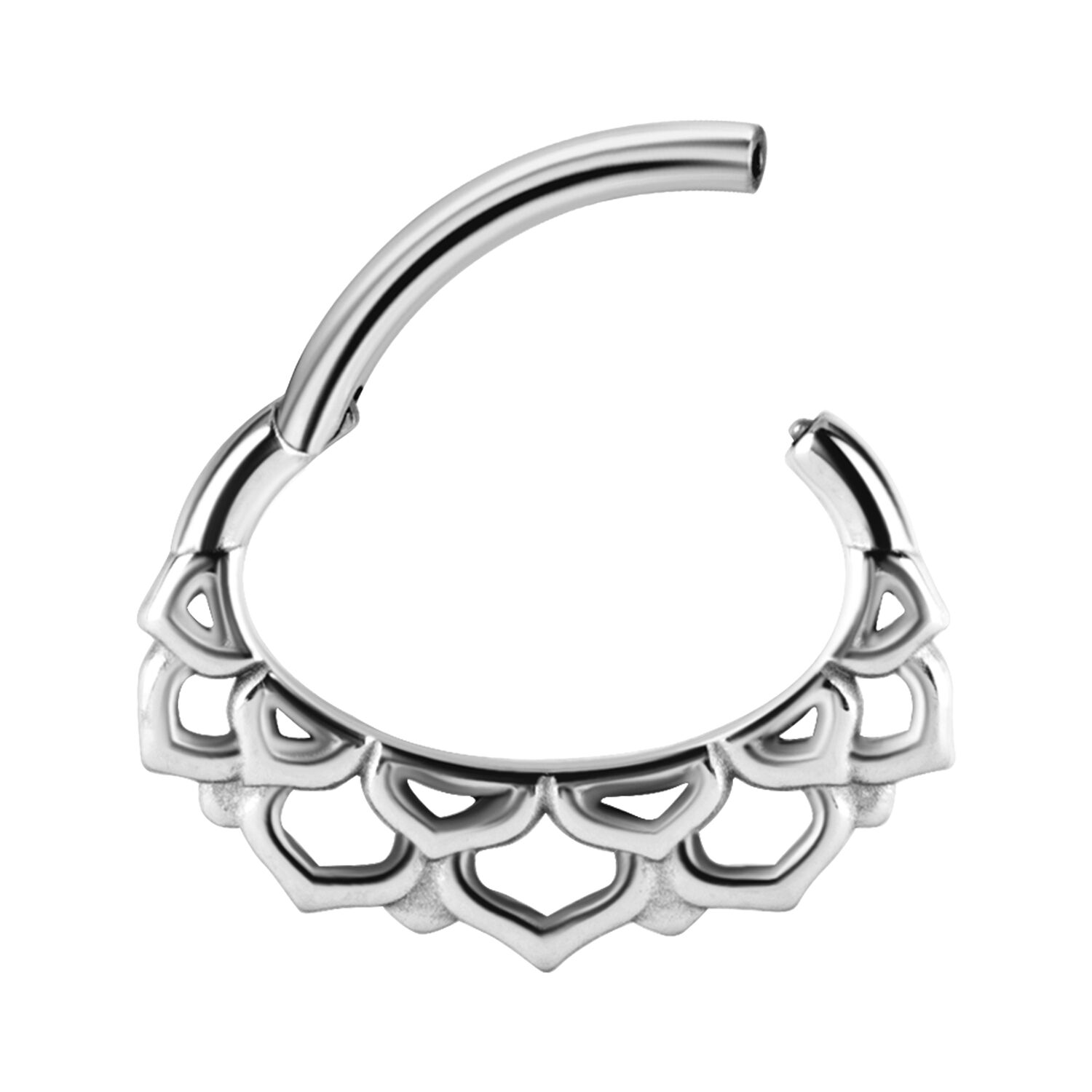 Clicker de Septum Argenté en Acier Chirurgical Clicker de septum argenté en forme de fleur en acier chirurgical sur fond blanc