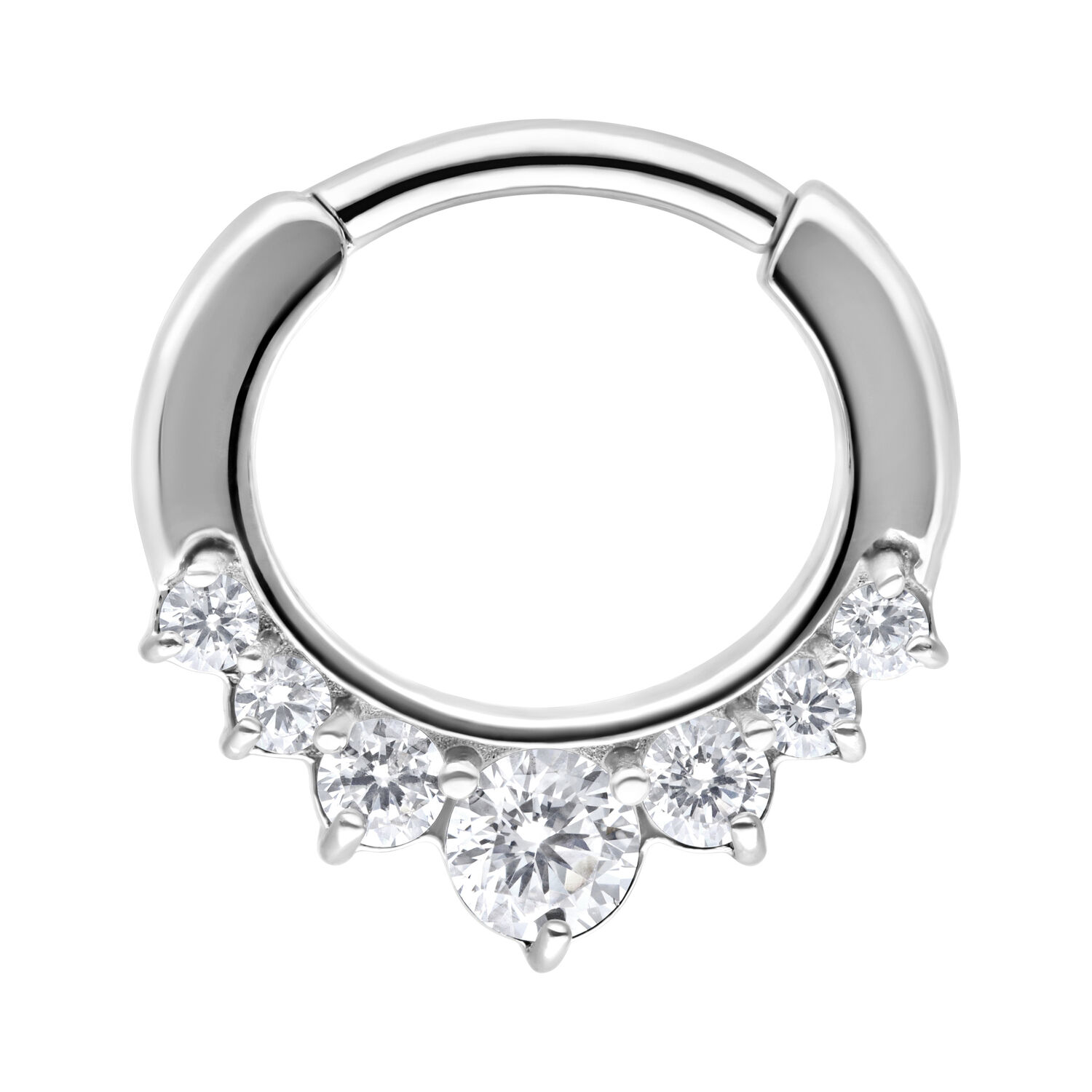 Clicker de Septum Argenté avec Cristaux Clicker de septum argenté en acier chirurgical avec cinq cristaux clairs sur fond blanc