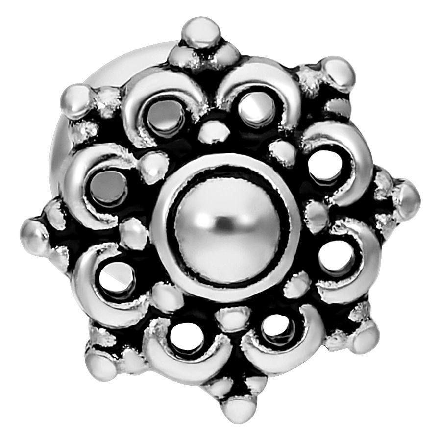 Labret piercing mandala argenté sur fond blanc, design détaillé