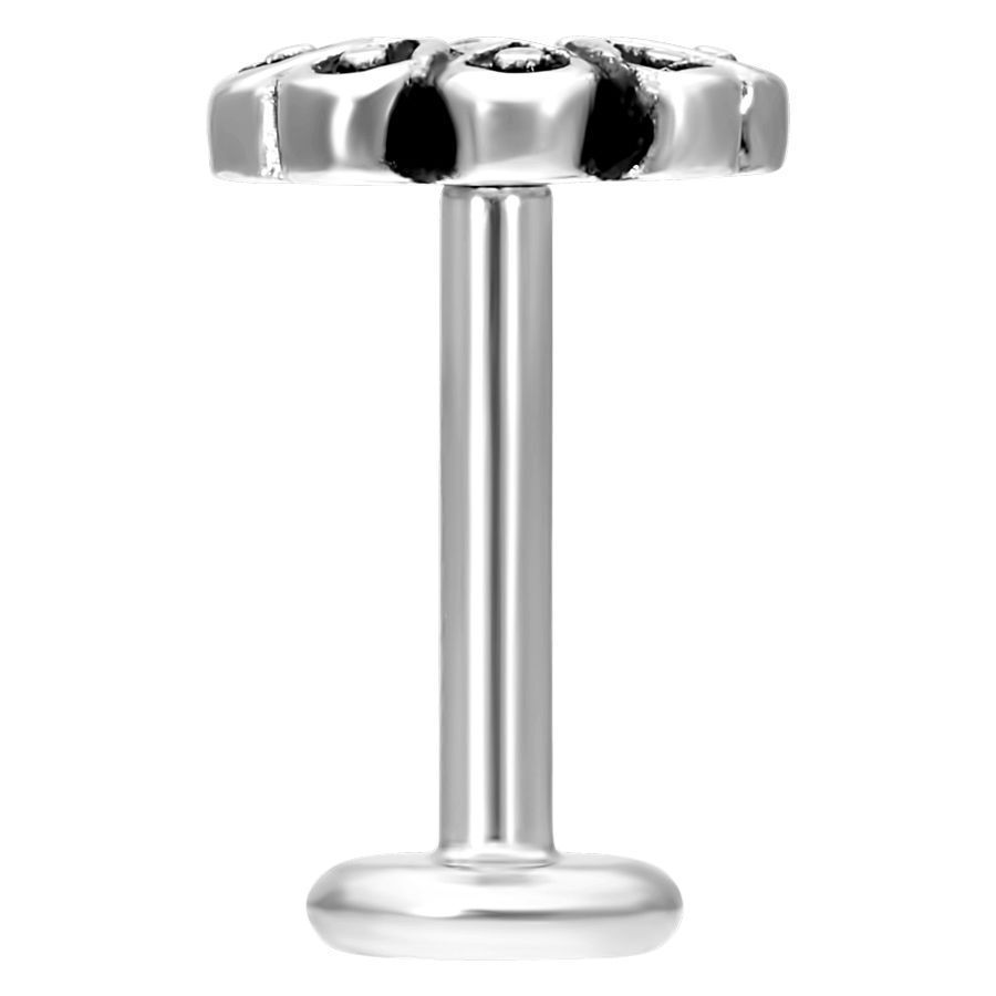 Labret Piercing Blossom en argent Labret en argent avec tête en forme de fleur sur fond blanc