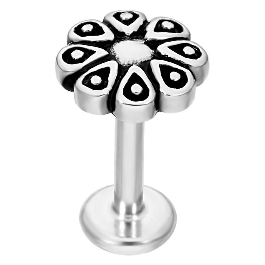 Blossom Labret en acier chirurgical argenté Labret argenté avec design en forme de fleur sur fond blanc