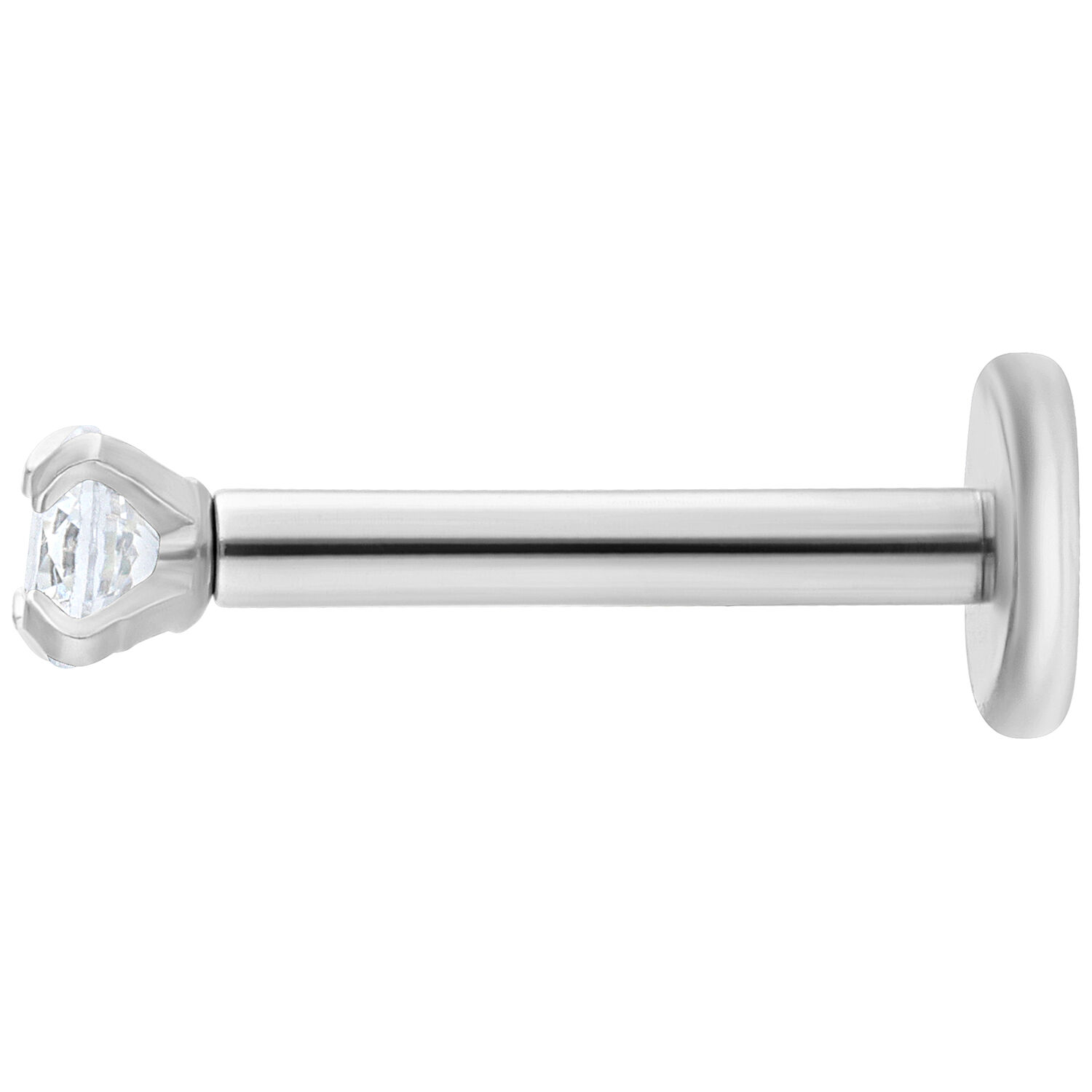 Labret rond en cristal en acier chirurgical Labret argenté avec cristal rond et clair sur fond blanc