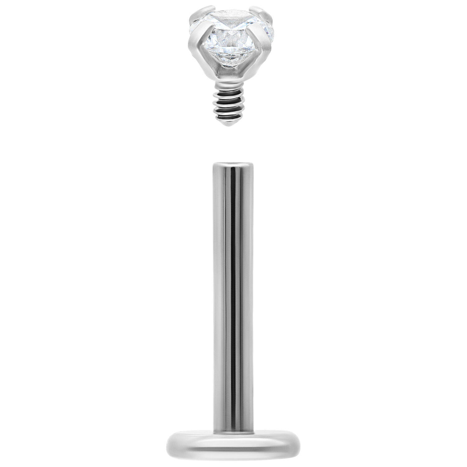 Labret en argent avec cristal rond Labret en argent en acier chirurgical 316L avec cristal clair sur fond blanc