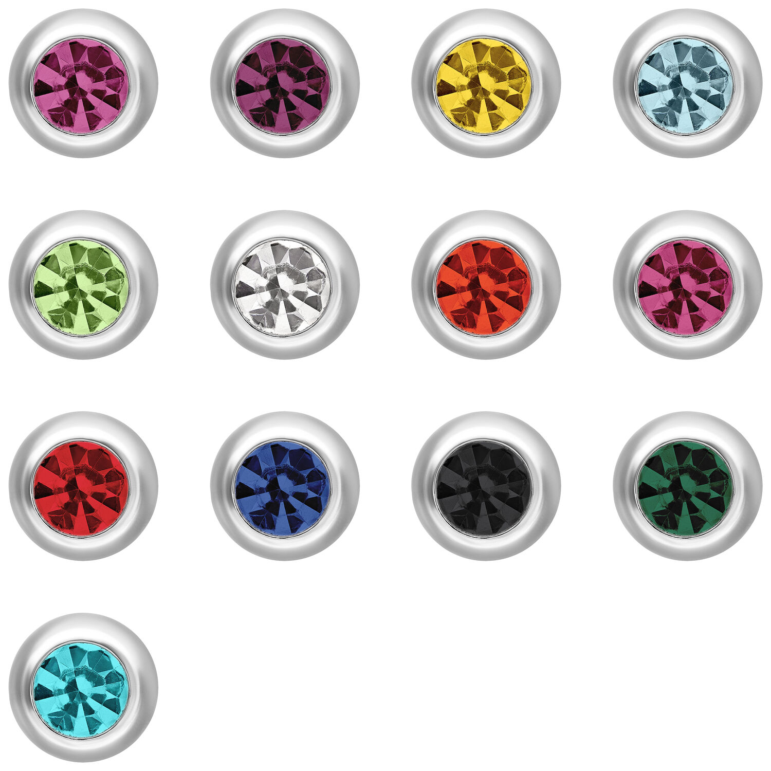 Embouts de piercing en cristal coloré en acier chirurgical Différents embouts de piercing avec des cristaux colorés sur fond blanc