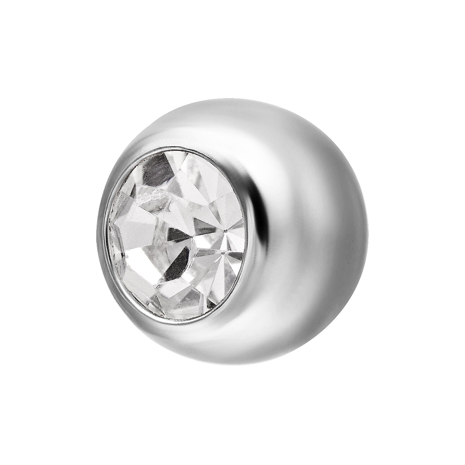 Embout de piercing argenté avec cristal Embout de piercing argenté rond avec cristal facetté sur fond blanc