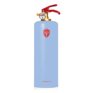 Extincteur bleu avec poignée rouge sur fond blanc