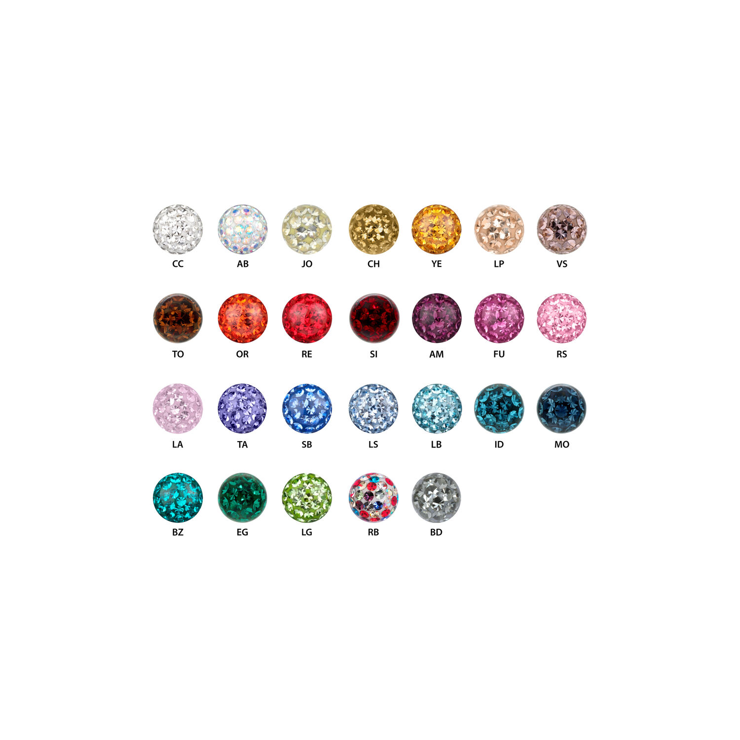Différents embouts de bijou colorés en acier chirurgical sur fond blanc