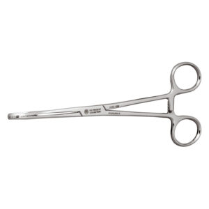 Pince à piercing en acier inoxydable argentée sur fond blanc