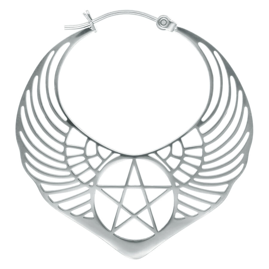 Boucle d'oreille Pentagramme Ailé Argenté Boucle d'oreille argentée avec design de pentagramme ailé sur fond blanc