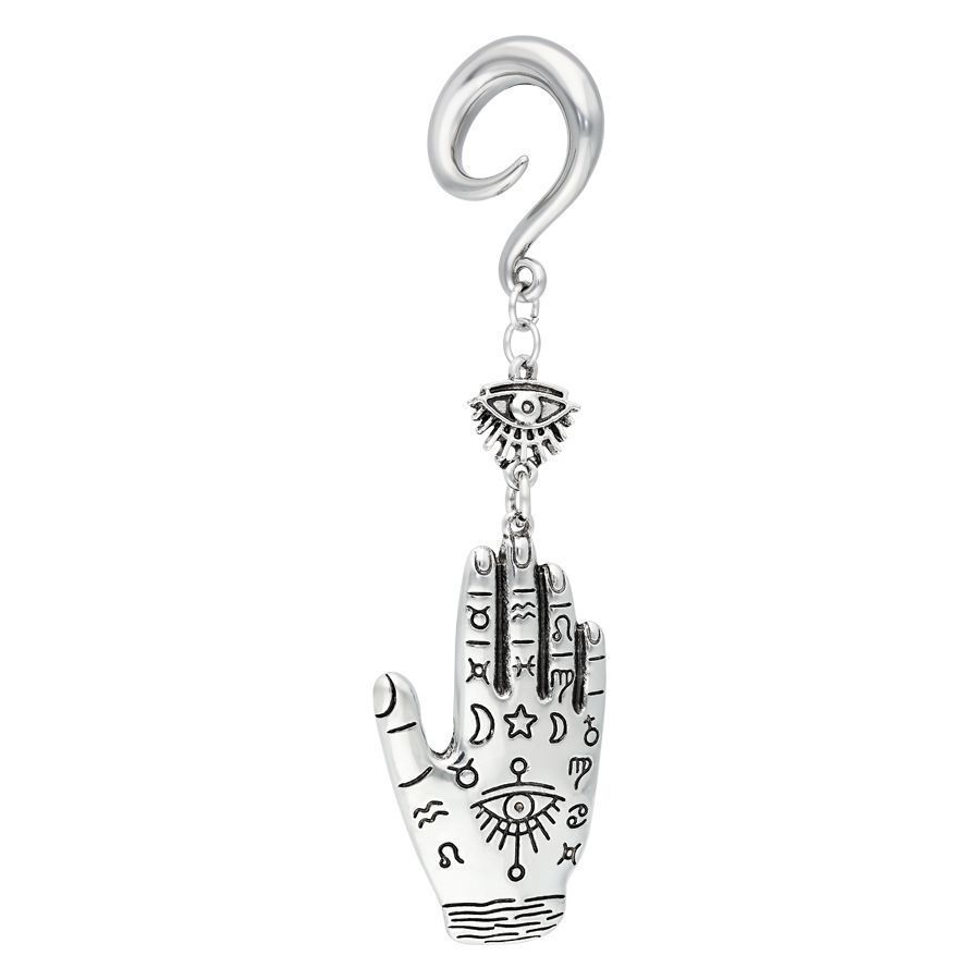 Poids d'oreille main de Hamsa en argent Poids d'oreille en argent avec symboles ornés sur fond blanc