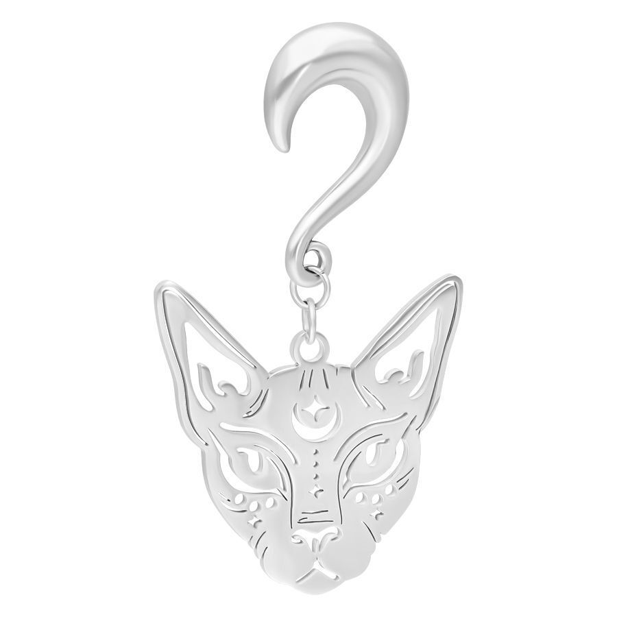 Poids d'oreille Sphynx argentés 8,0 mm Poids d'oreille Sphynx argenté en forme de chat sur fond blanc