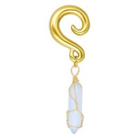 Poids d'oreilles en opalite dorée avec design en croissant Poids d'oreille doré en forme de croissant avec pierre opalite suspendue sur fond blanc
