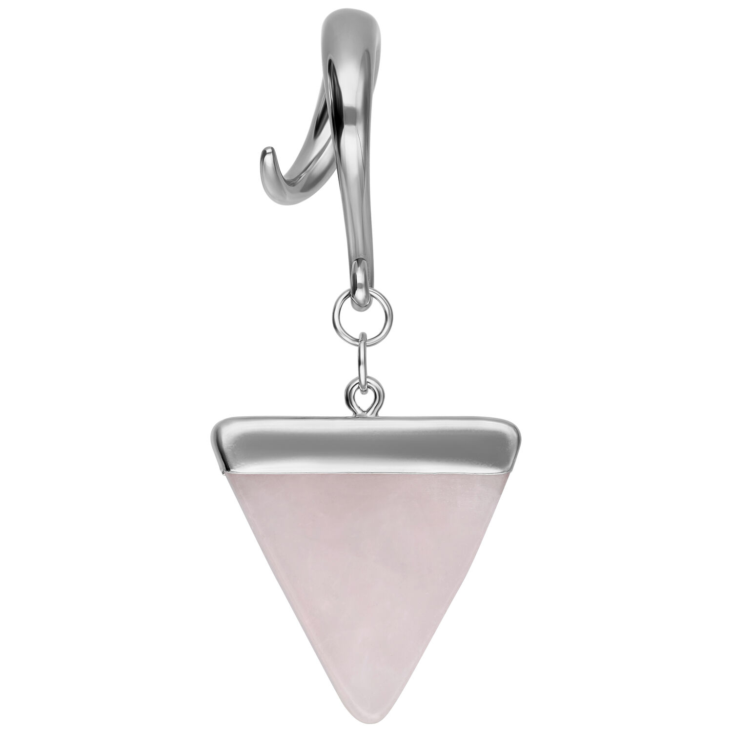 Poids d'oreille Triangle Rose argenté Poids d'oreille argenté avec pendentif en quartz rose triangulaire sur fond blanc