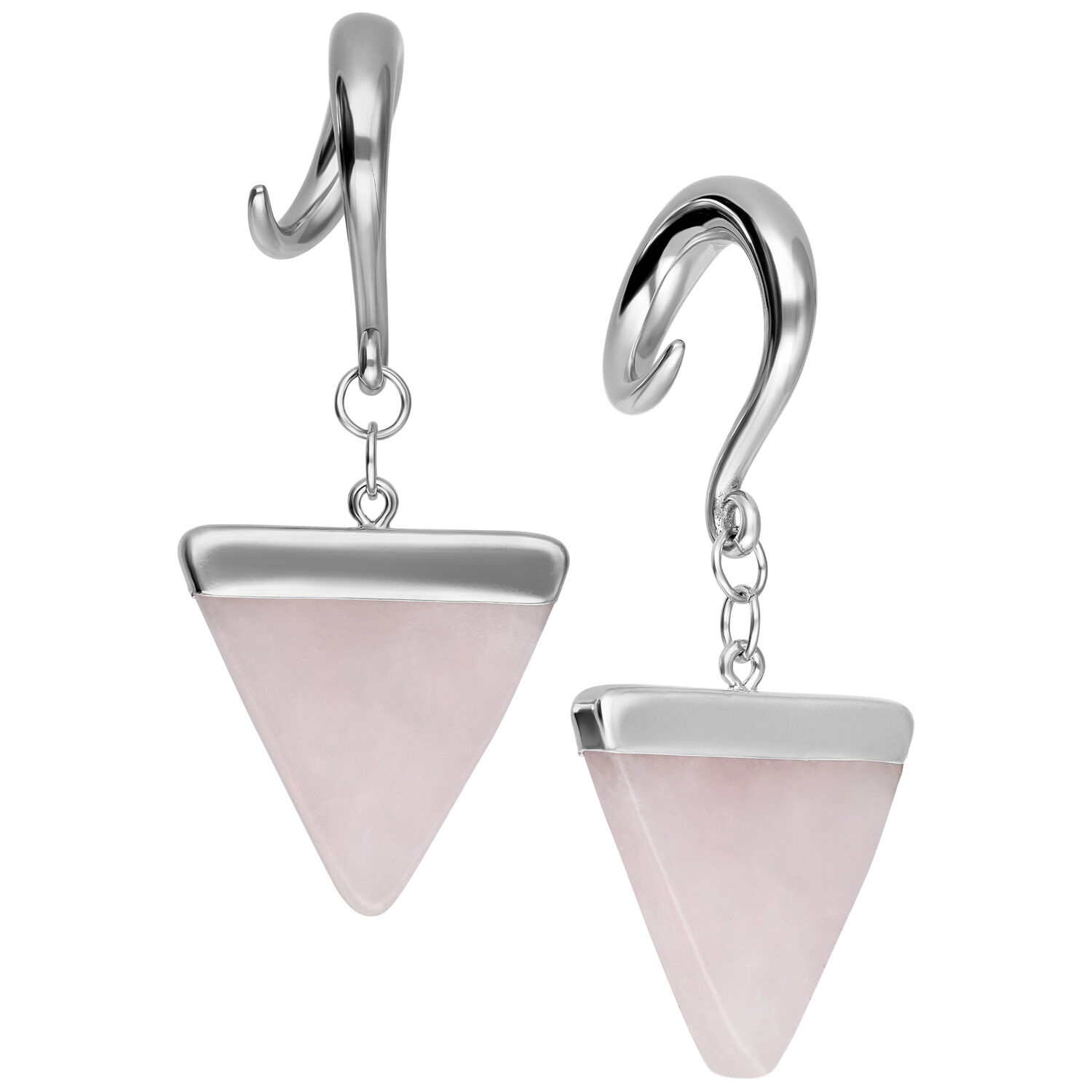 Poids d'oreille Triangle Rose en acier chirurgical Deux poids d'oreille Triangle Rose en acier chirurgical argenté avec triangle rose sur fond blanc