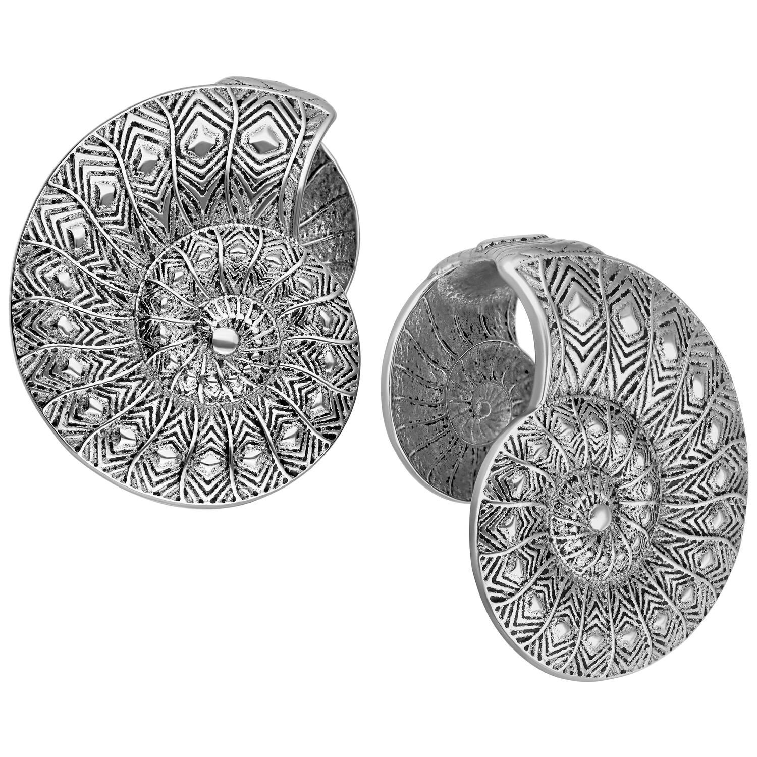 Fossil ear cuffs en argent avec motif Poids d'oreille argentés avec motif détaillé sur fond blanc