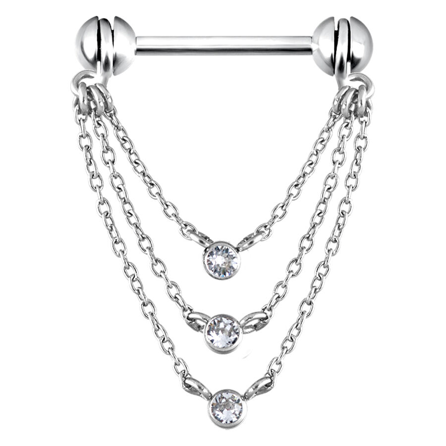 Barbell de téton argenté avec trois chaînes Barbell argenté avec trois chaînes pendantes et des cristaux clairs sur fond blanc