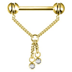 Barbell de téton doré avec deux chaînes et cristaux clairs, longueur 12,0 mm