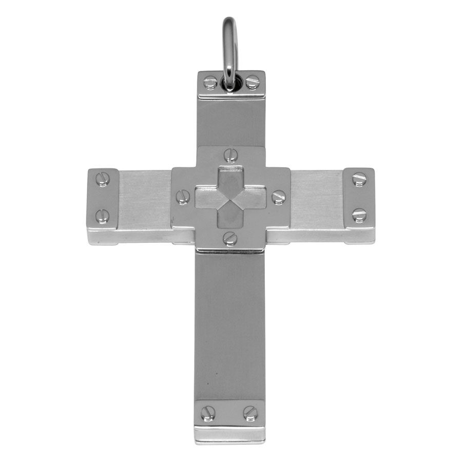 Pendentif croix en acier chirurgical argenté Pendentif croix en acier chirurgical argenté sur fond blanc