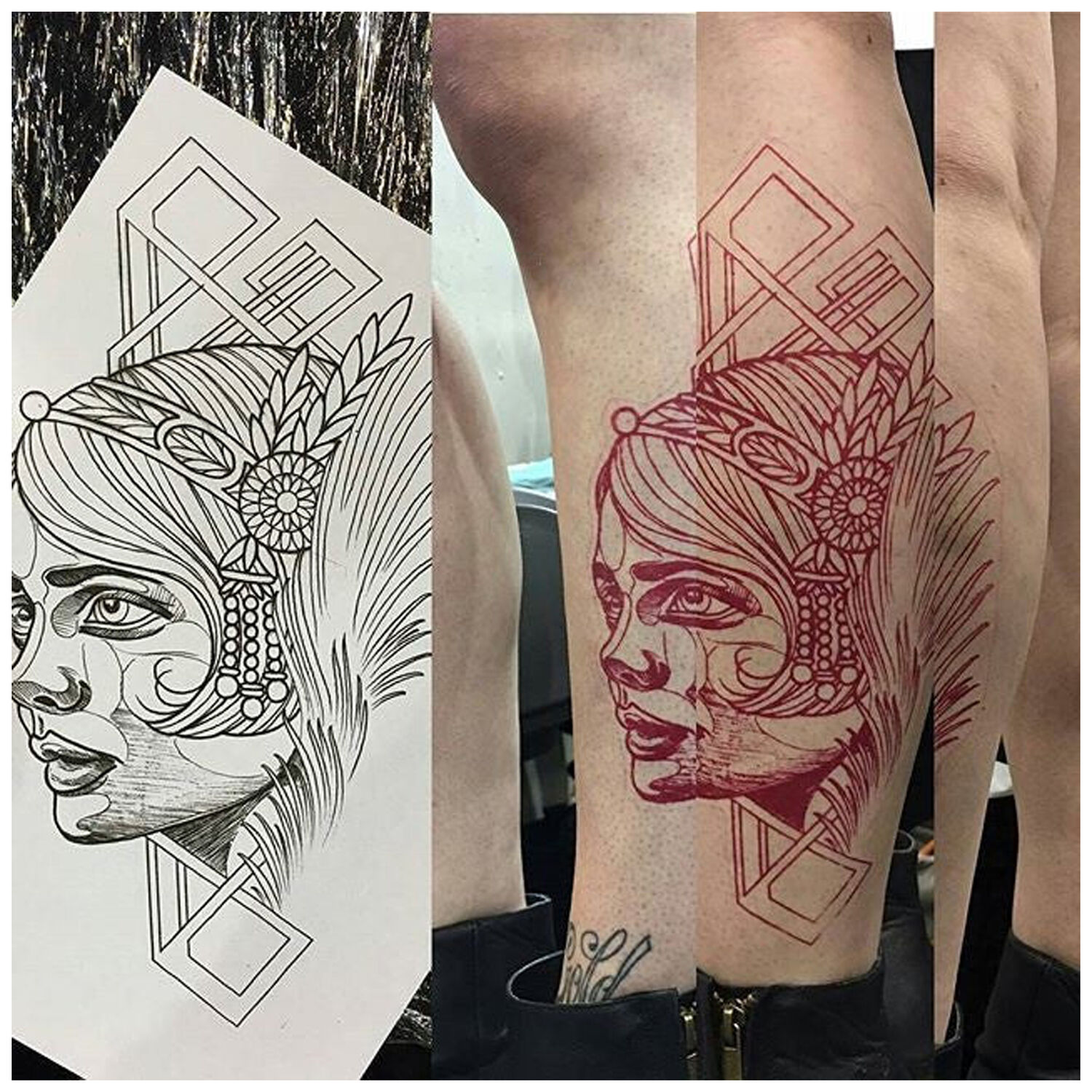 Papier de pochoir de tatouage rouge avec motif de visage et tatouage fini sur la jambe