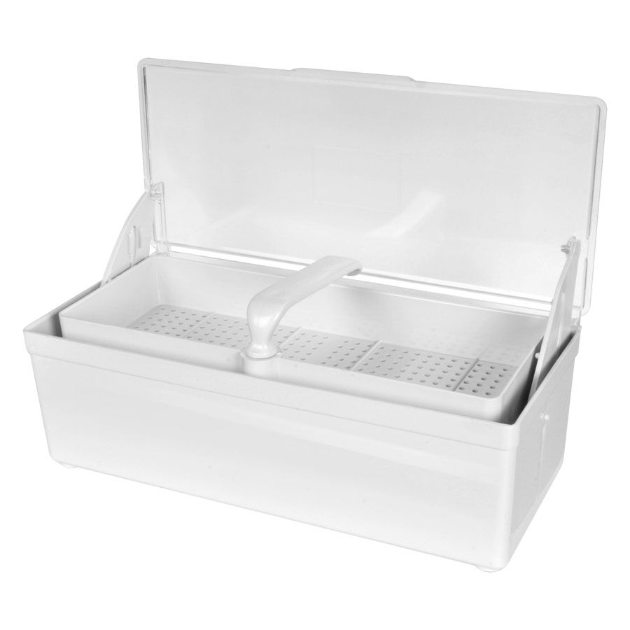Plateau de stérilisation blanc 1 litre Plateau de stérilisation blanc avec couvercle et insert sur fond neutre