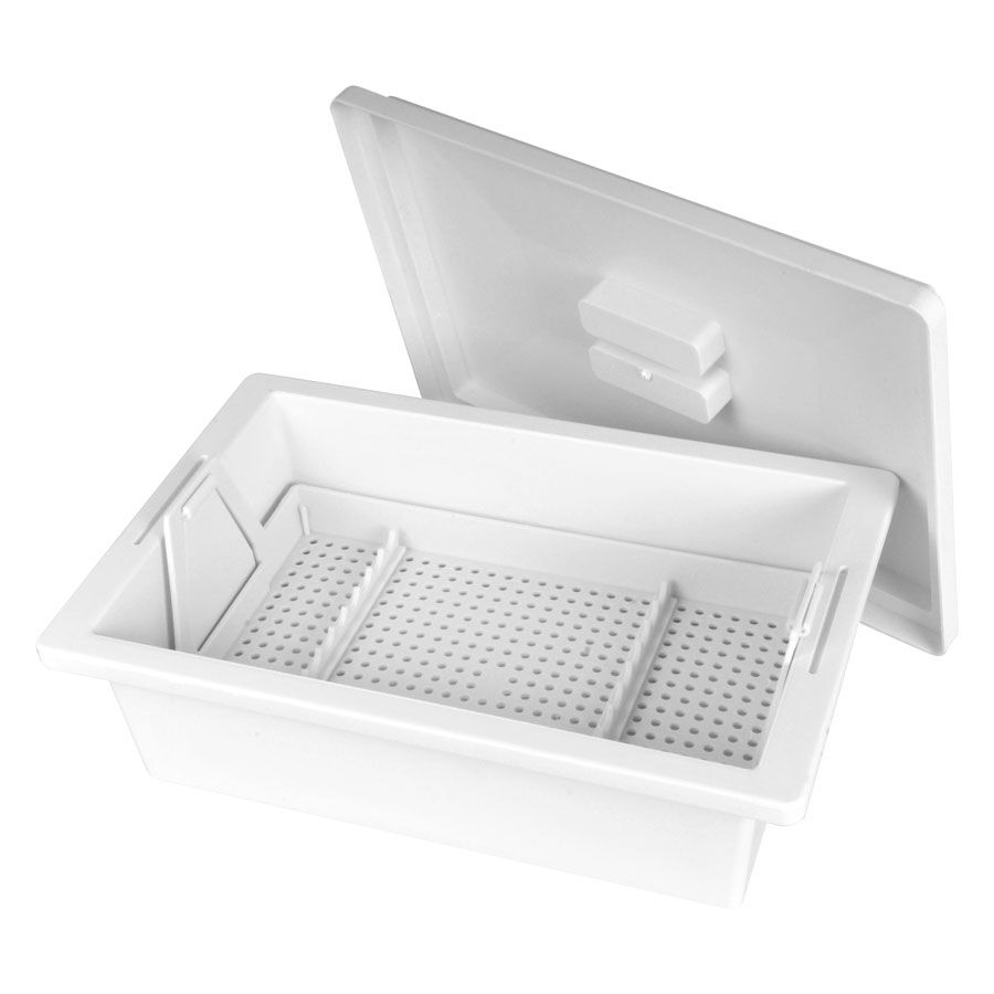 Plateau stérile blanc 3 litres avec couvercle Plateau stérile blanc 3 litres avec insert perforé et couvercle retiré