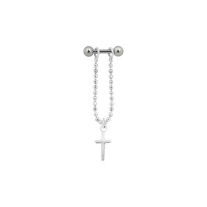 Barbell d'oreille en argent avec pendentif croix, acier chirurgical sur fond blanc