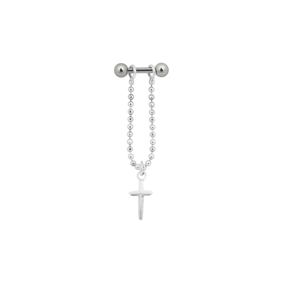 Barbell d'oreille avec pendentif croix en acier Barbell d'oreille en argent avec pendentif croix, acier chirurgical sur fond blanc