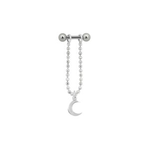 Barbell d'oreille argenté avec billes et pendentif lune, fond studio