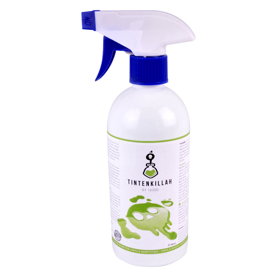 TADOO Tintenkillah spray 500ml Bouteille spray blanche TADOO Tintenkillah avec tête de pulvérisation bleue sur fond blanc