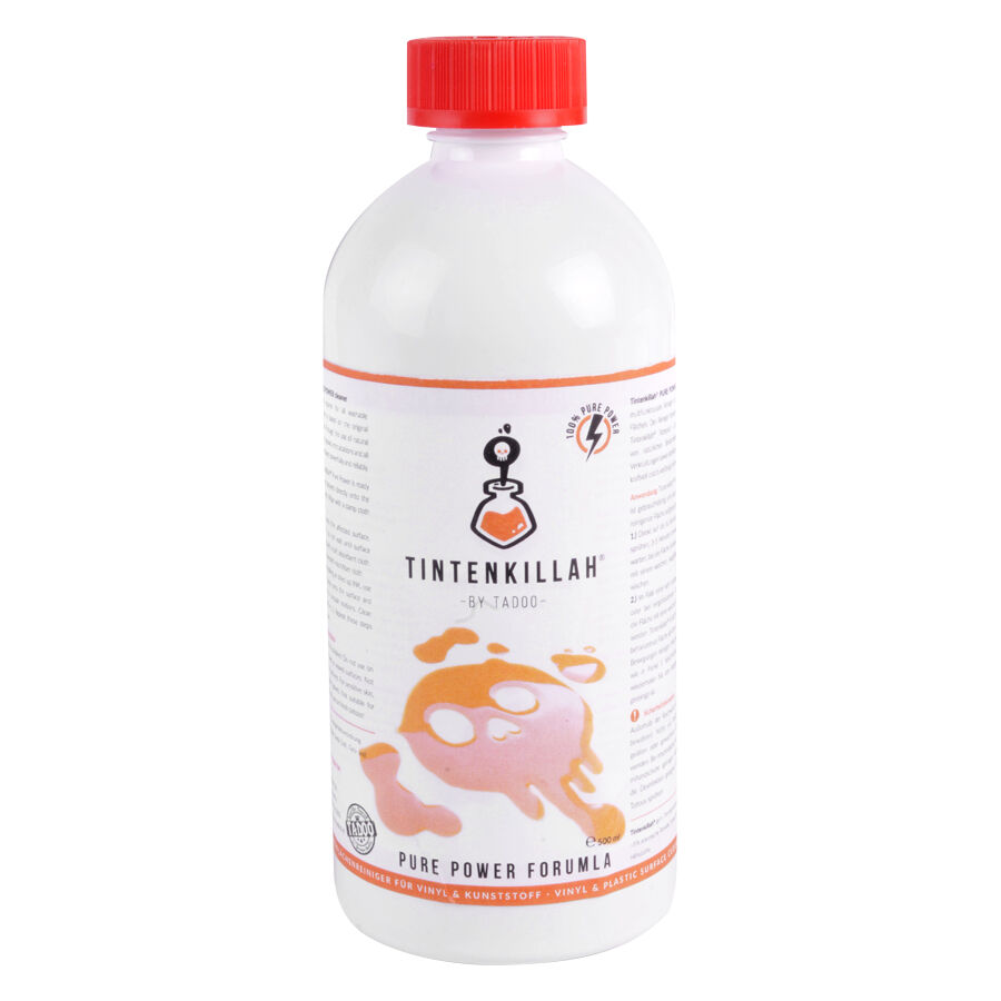 TADOO Tintenkillah pour accessoires de tatouage 500ml Bouteille blanche avec bouchon rouge, étiquette TADOO, 500ml de contenu