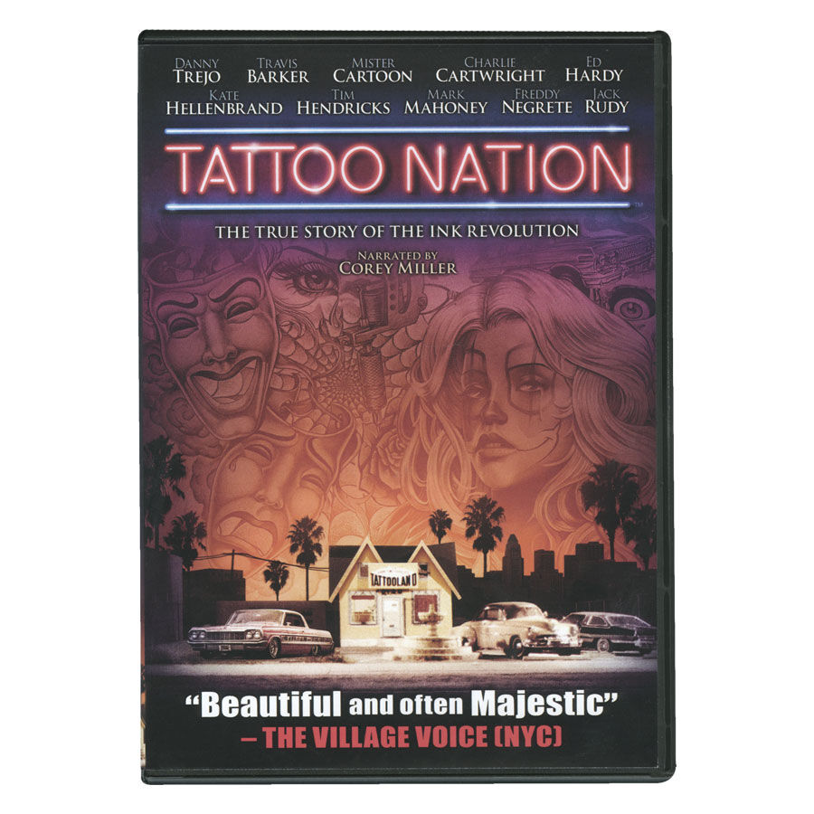 Tattoo Nation DVD – La révolution de l'encre Couverture du DVD Tattoo Nation avec un design coloré et des voitures au premier plan