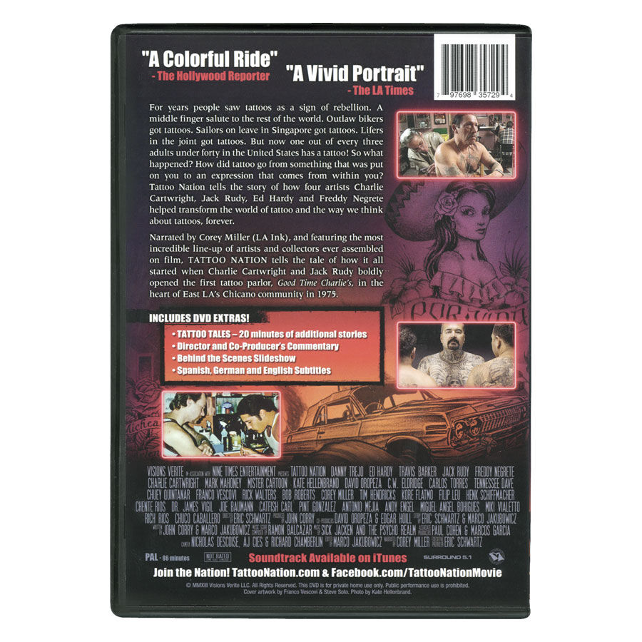 Tattoo Nation DVD dos design Dos de la DVD Tattoo Nation avec texte et images, fond noir