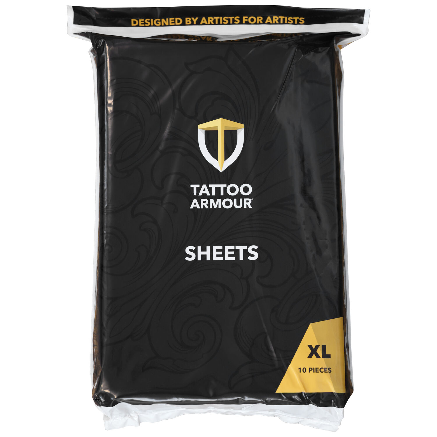 Tattoo Armour XL feuilles paquet de 10 Emballage noir avec détails dorés et blancs, logo Tattoo Armour et taille XL