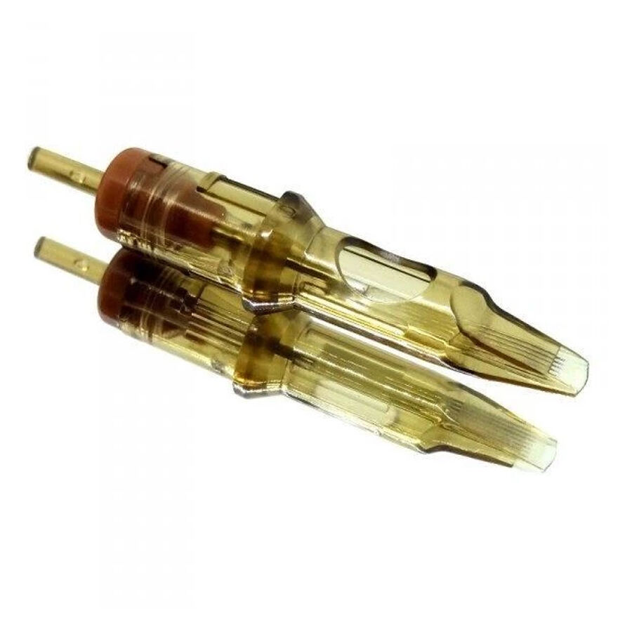 Cartouches Kwadron Flat Long Taper, pack de 5 Aiguilles de tatouage dorées Kwadron, 5 pièces, boîtier transparent sur fond blanc