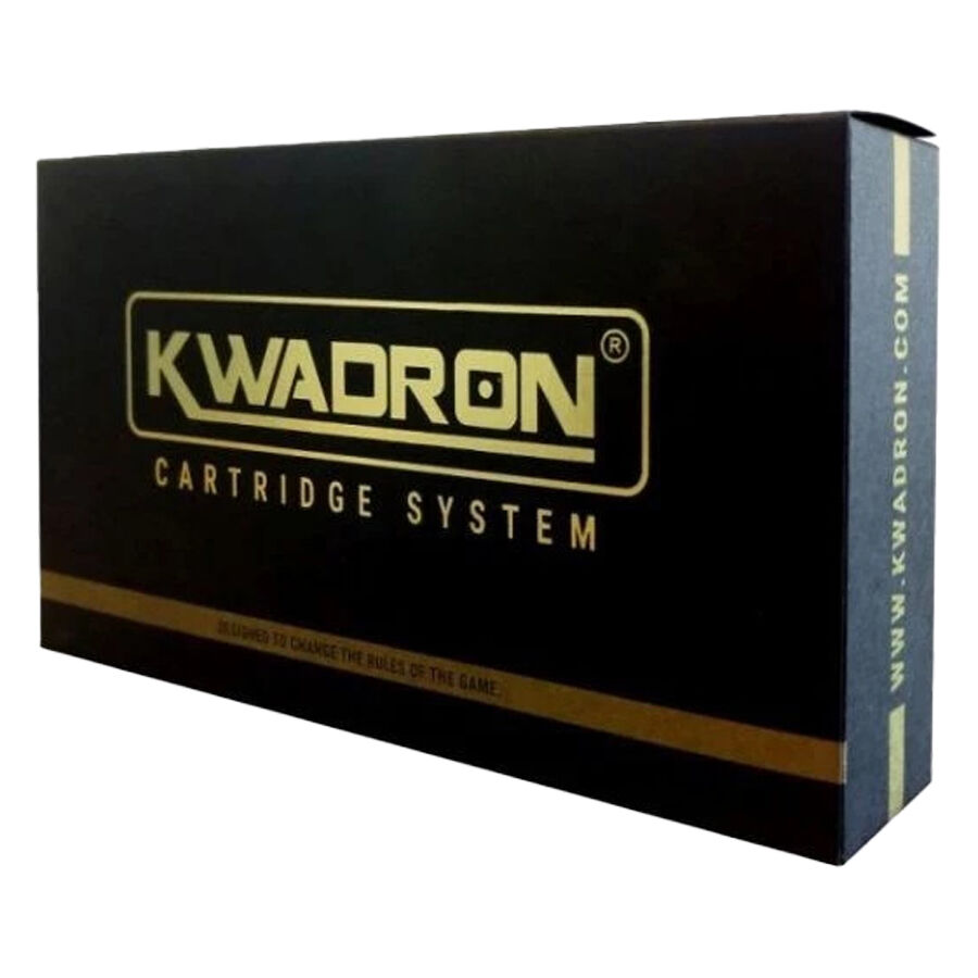 Soft Edge Magnum Long Taper Tattoonadeln 20 Stk Boîte noire Kwadron avec inscription dorée sur fond blanc