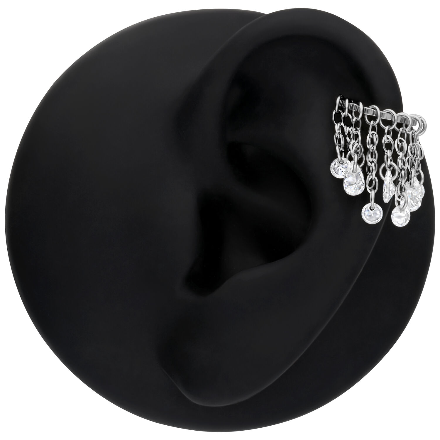Clicker en Cristal Waterfall Argenté avec Cristaux Clairs Anneau de piercing argenté avec cristaux clairs sur une oreille artificielle
