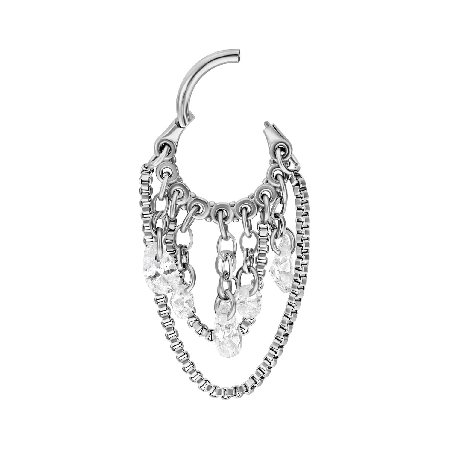 Clicker argenté avec cristaux clairs Clicker piercing argenté avec cristaux clairs sur fond blanc