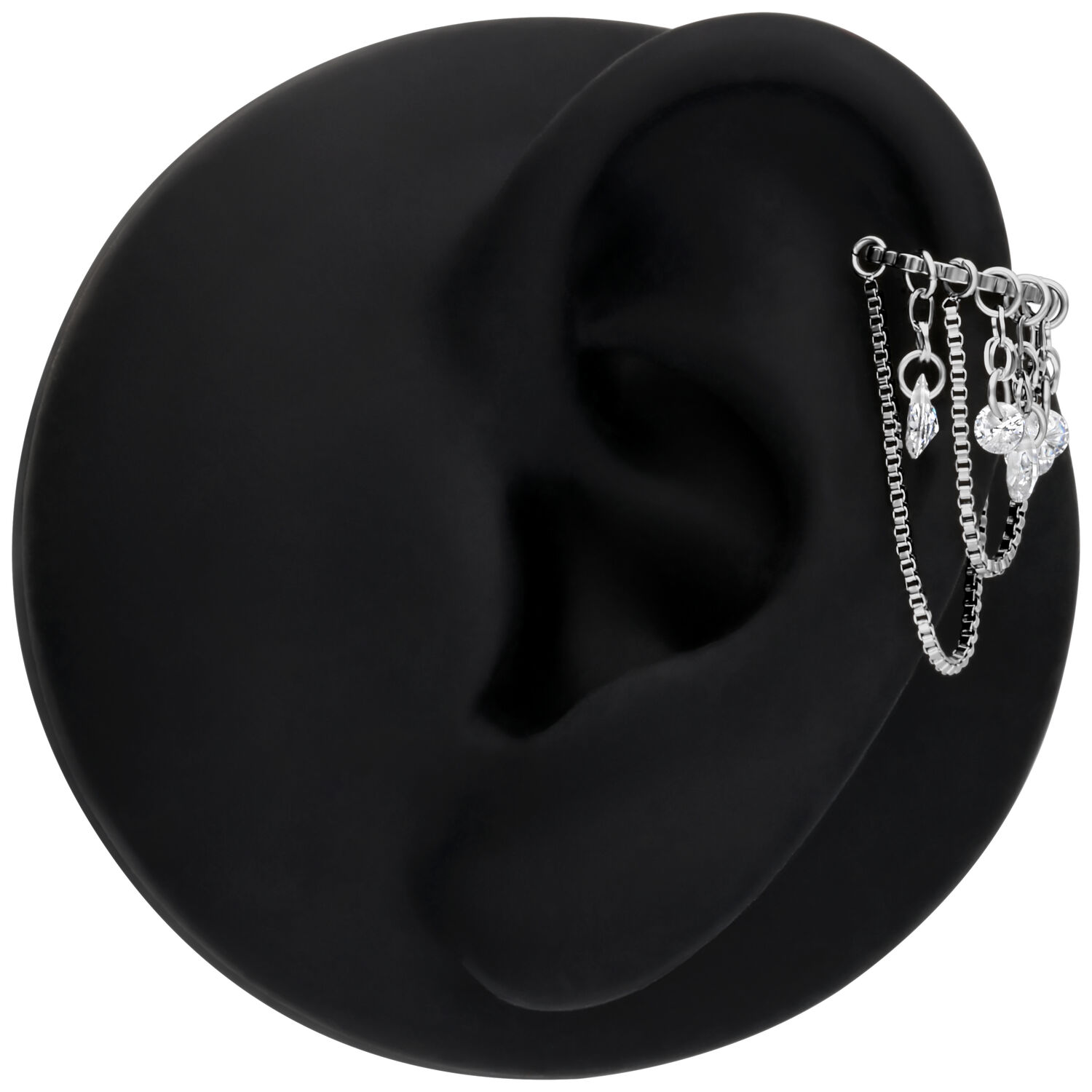 Clicker d'Oreille Chaîne Serpent en Cristal Argenté Clicker argenté avec pierres cristallines sur modèle d'oreille noire