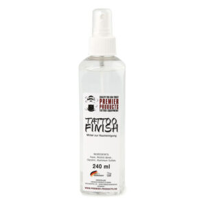 Flacon pulvérisateur transparent de 240 ml avec logo Tattoofinish sur fond blanc
