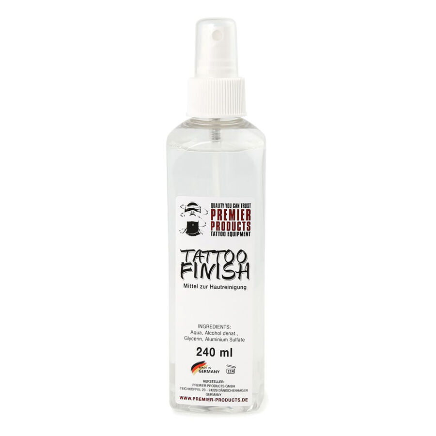 Premier Products Tattoofinish 240 ml Spray Flacon pulvérisateur transparent de 240 ml avec logo Tattoofinish sur fond blanc