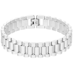 Bracelet unisexe en acier chirurgical argenté sur fond blanc