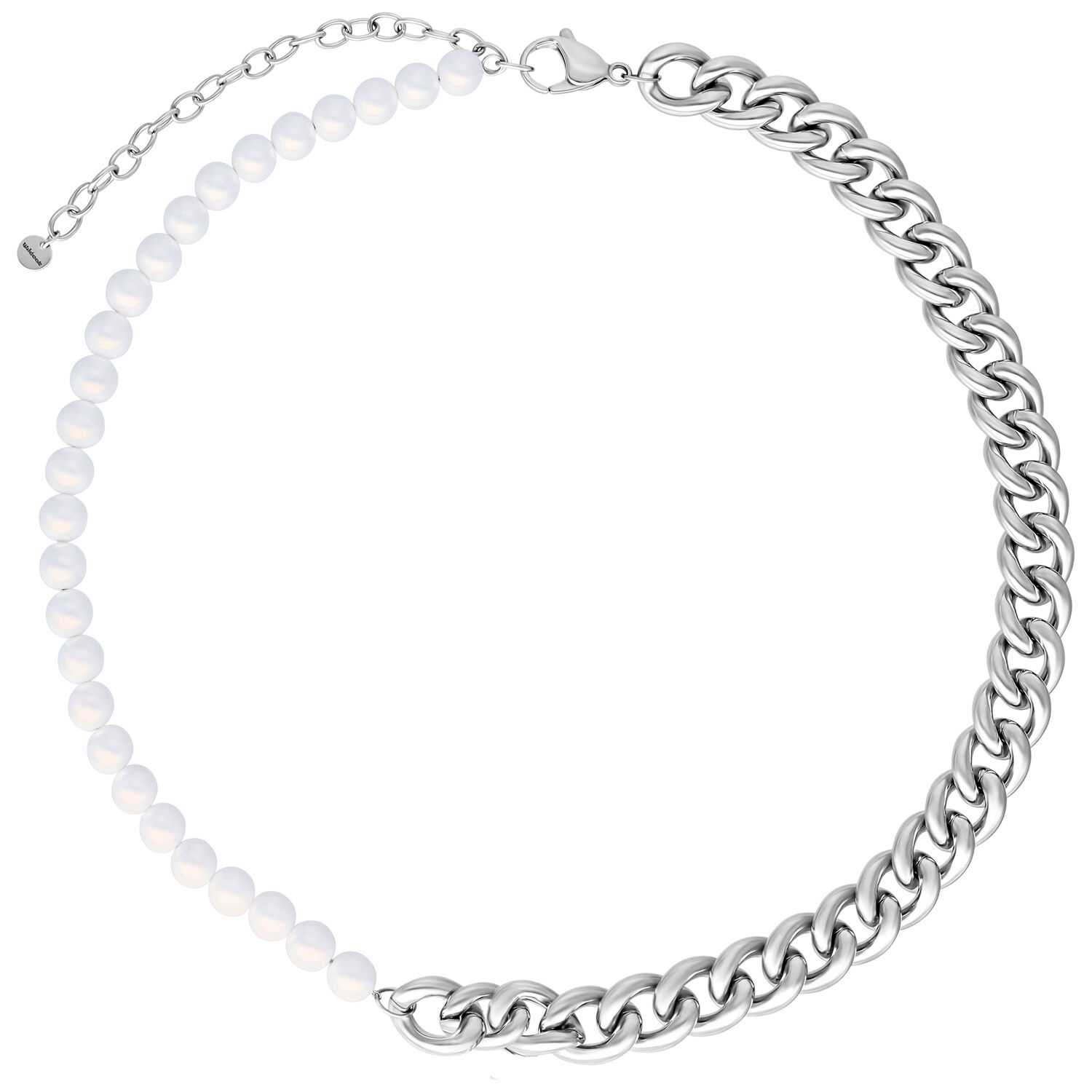 Collier Chunky Pearl en acier chirurgical Collier Chunky Pearl argenté avec perles et maillons sur fond blanc