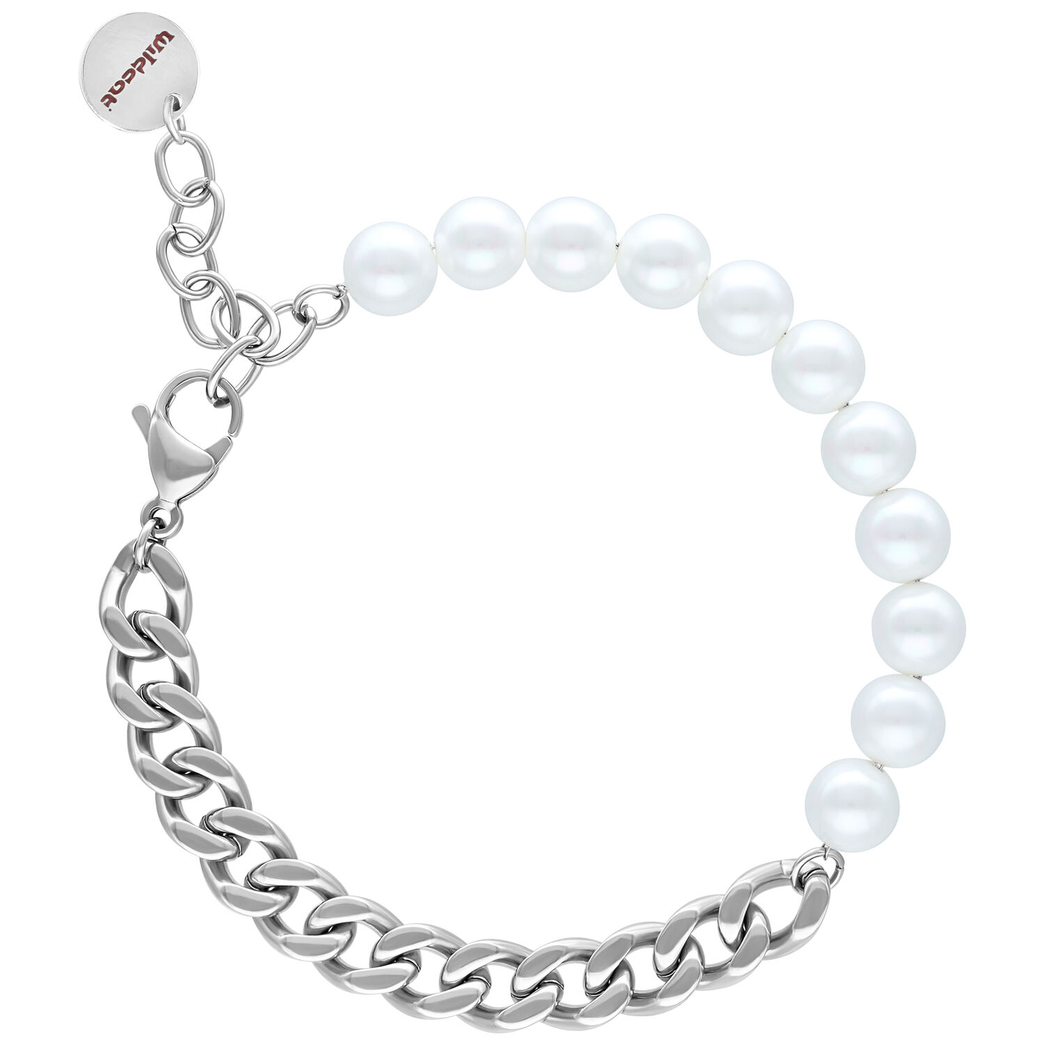 Bracelet Chunky Pearl argenté avec perles et maillons sur fond blanc