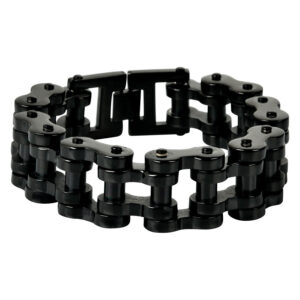 Bracelet chaîne de vélo noir en acier chirurgical 316L sur fond blanc