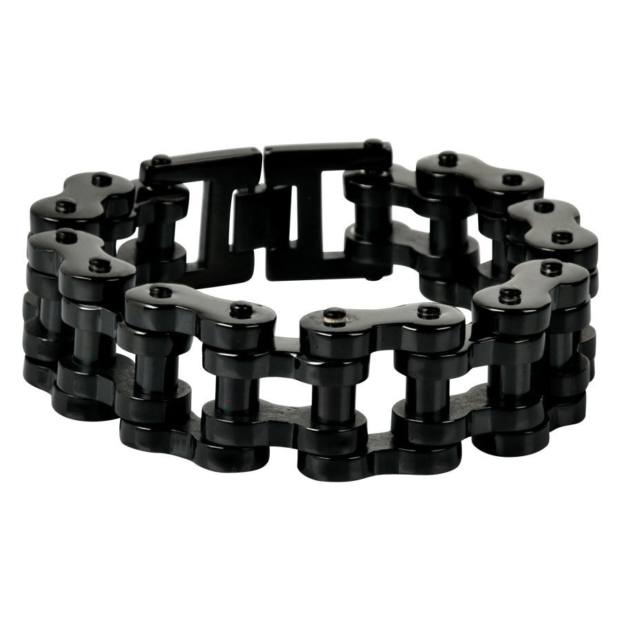 Bracelet chaîne de vélo en acier noir Bracelet chaîne de vélo noir en acier chirurgical 316L sur fond blanc