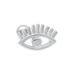 Barbell piercing oreille argenté en forme d'œil sur fond blanc